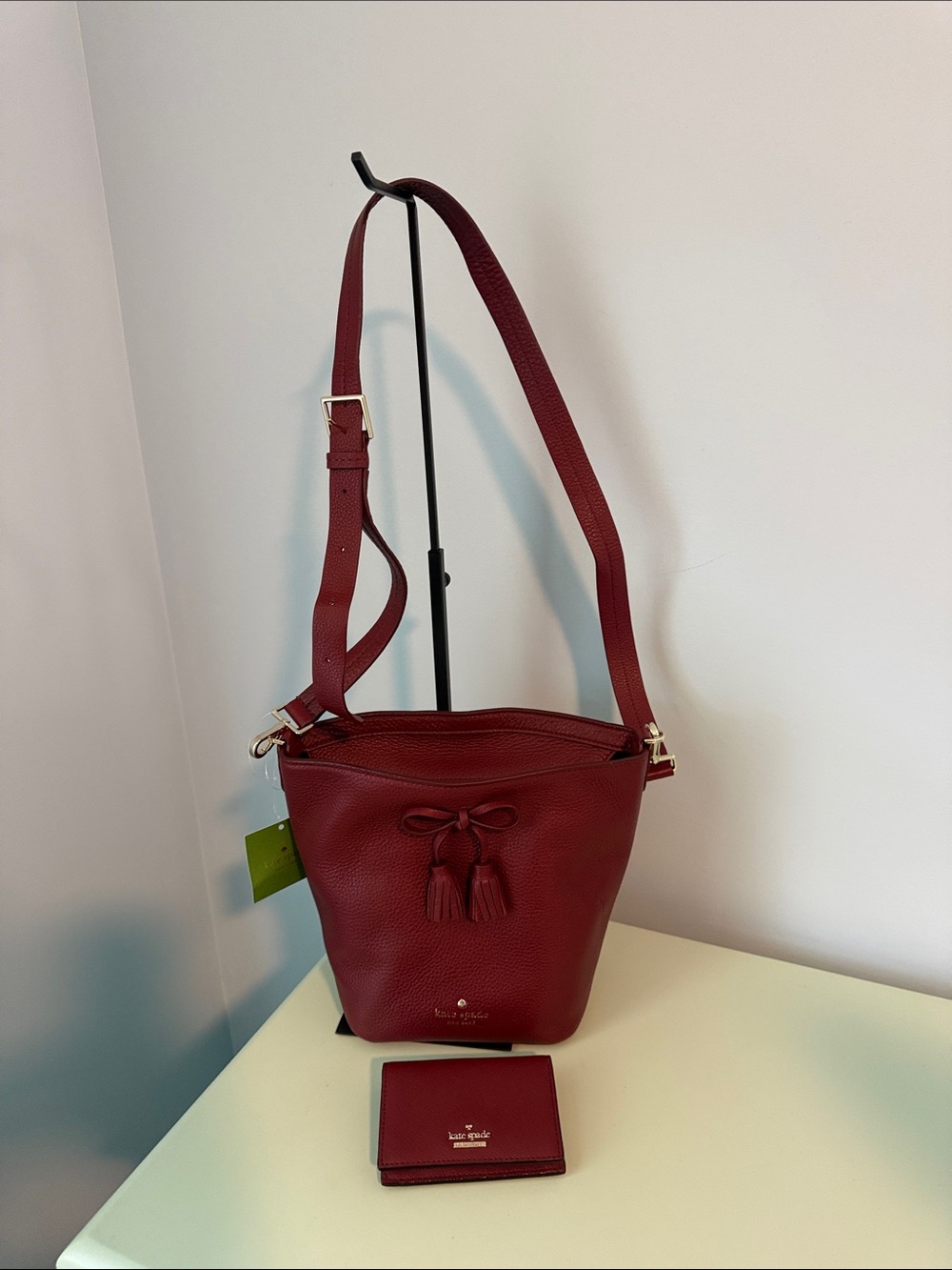 kate spade Wine Pebbled Leather Tassel Bucket Shoulder Bag with matching wallet